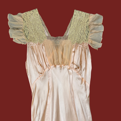 (M/L) 1930s Peach Ecru Lace Satin Bias Cut Dress