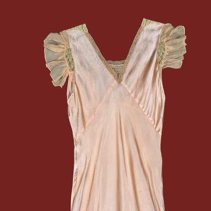 (M/L) 1930s Peach Ecru Lace Satin Bias Cut Dress