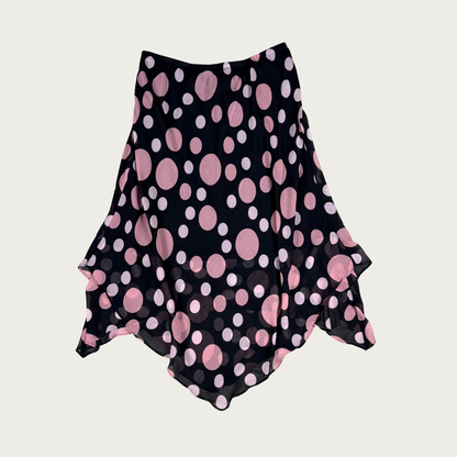 (M/L) 90s/Y2K Black/Pink Polka Dot Handkerchief Hem Midi Skirt