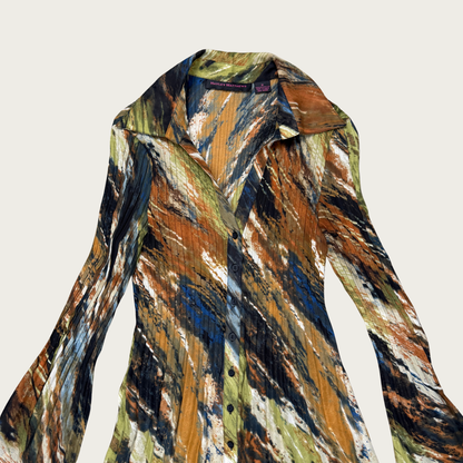 (M) Y2K Earth Toned Printed Bell Sleeve Dress