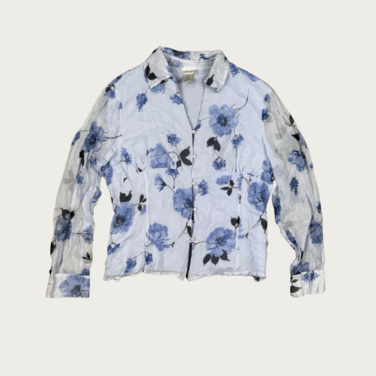 (L/XL) 90s/Y2K Beaded Blue Floral Silk Blouse