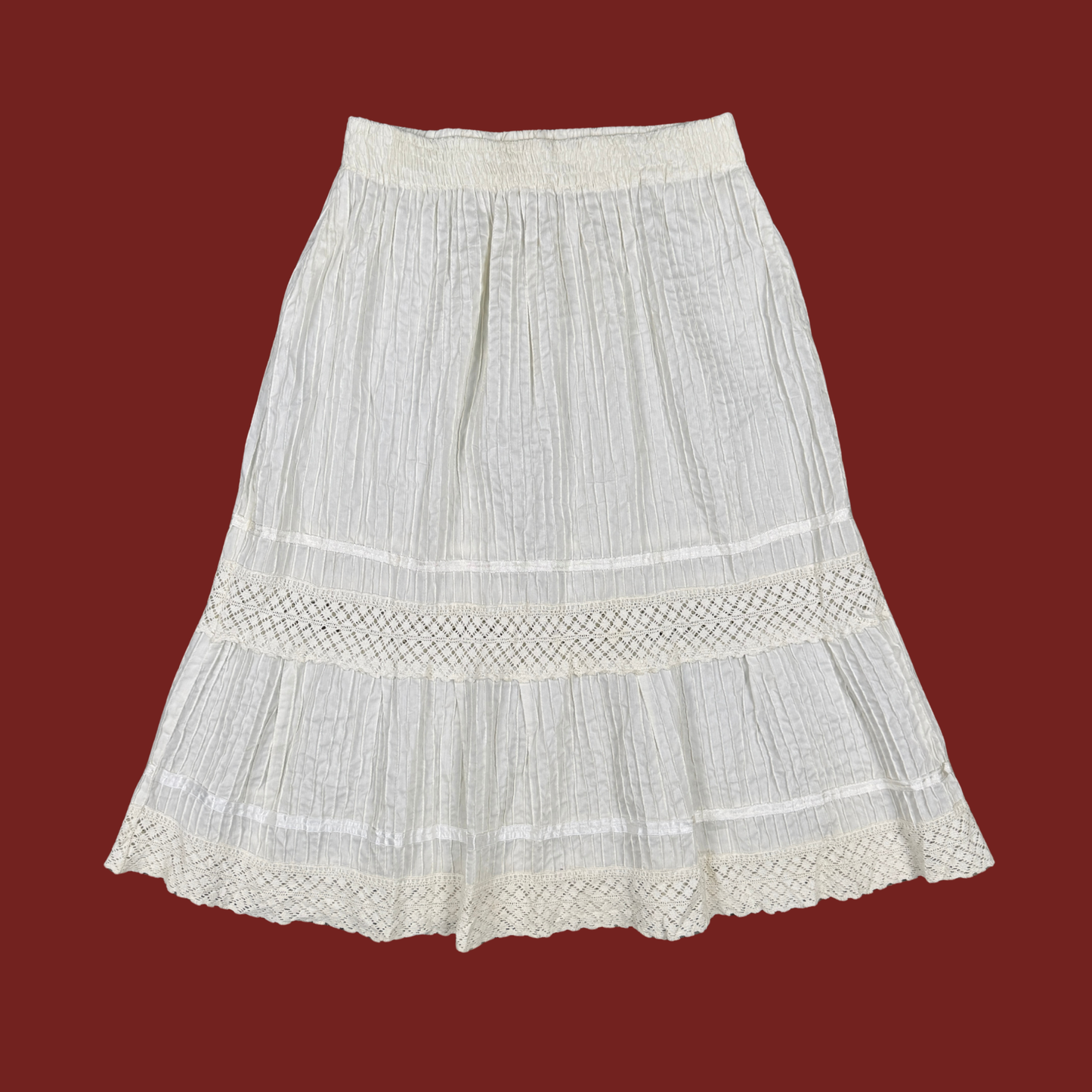 (S/M) White Crochet Trim Midi Skirt
