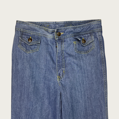 (28") 70s Denim Back Buckle Bell Bottoms