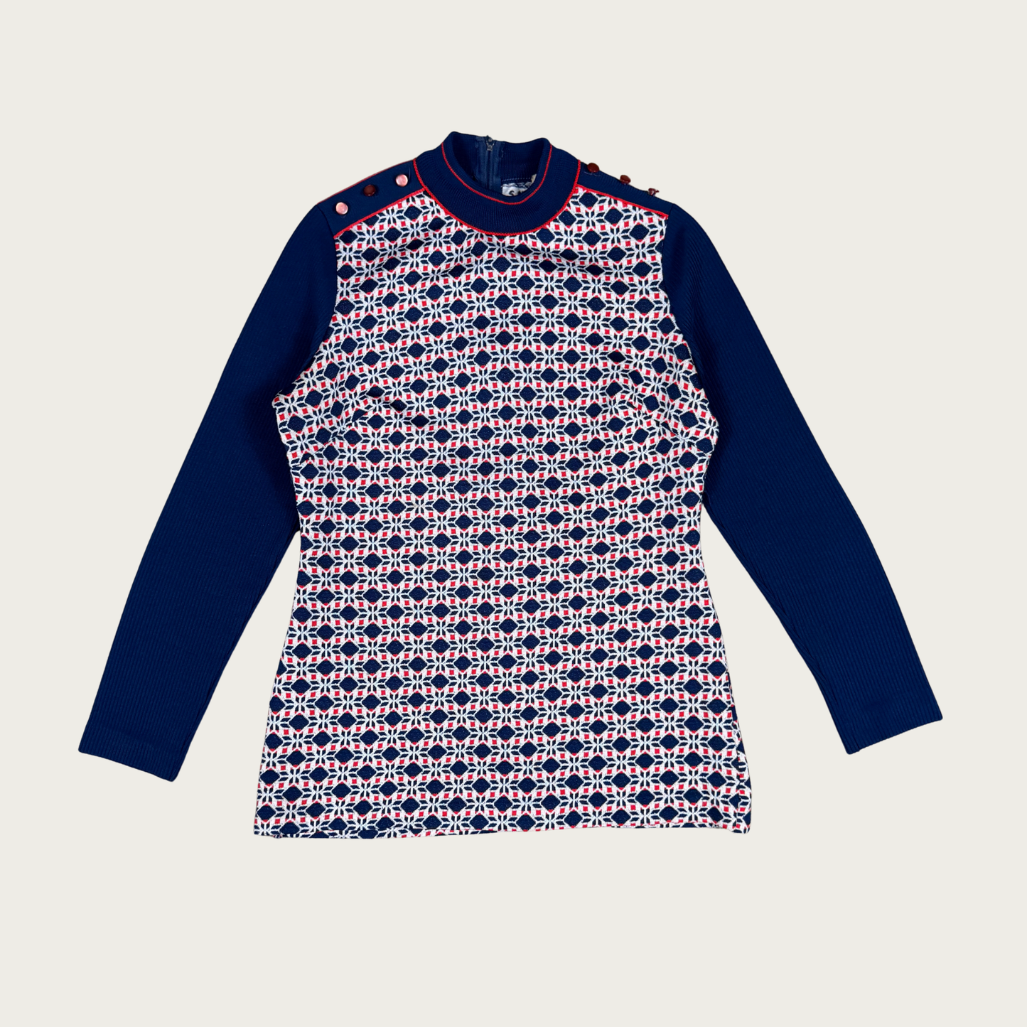 (M) 60s/70s Navy/Red Geometric Print Long Sleeve Top