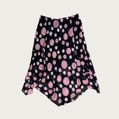 (M/L) 90s/Y2K Black/Pink Polka Dot Handkerchief Hem Midi Skirt