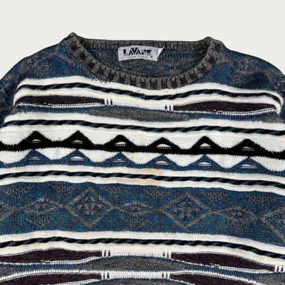 (L/XL) 80s 3D Knit Blue/Purple Sweater