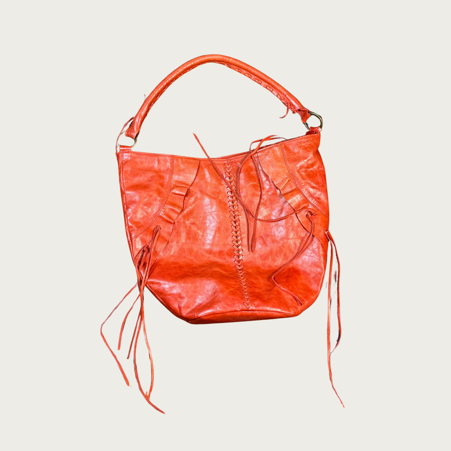 Orange Uruguayan Leather Fringe Hobo Bag