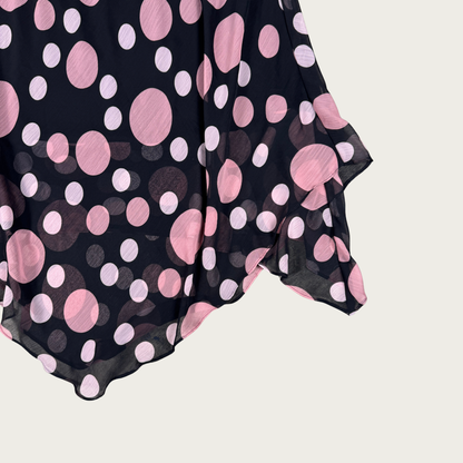 (M/L) 90s/Y2K Black/Pink Polka Dot Handkerchief Hem Midi Skirt