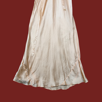 (M/L) 1930s Peach Ecru Lace Satin Bias Cut Dress