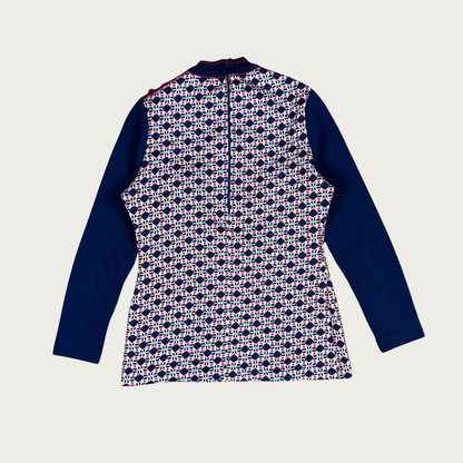 (M) 60s/70s Navy/Red Geometric Print Long Sleeve Top