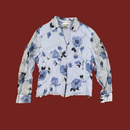 (L/XL) 90s/Y2K Beaded Blue Floral Silk Blouse