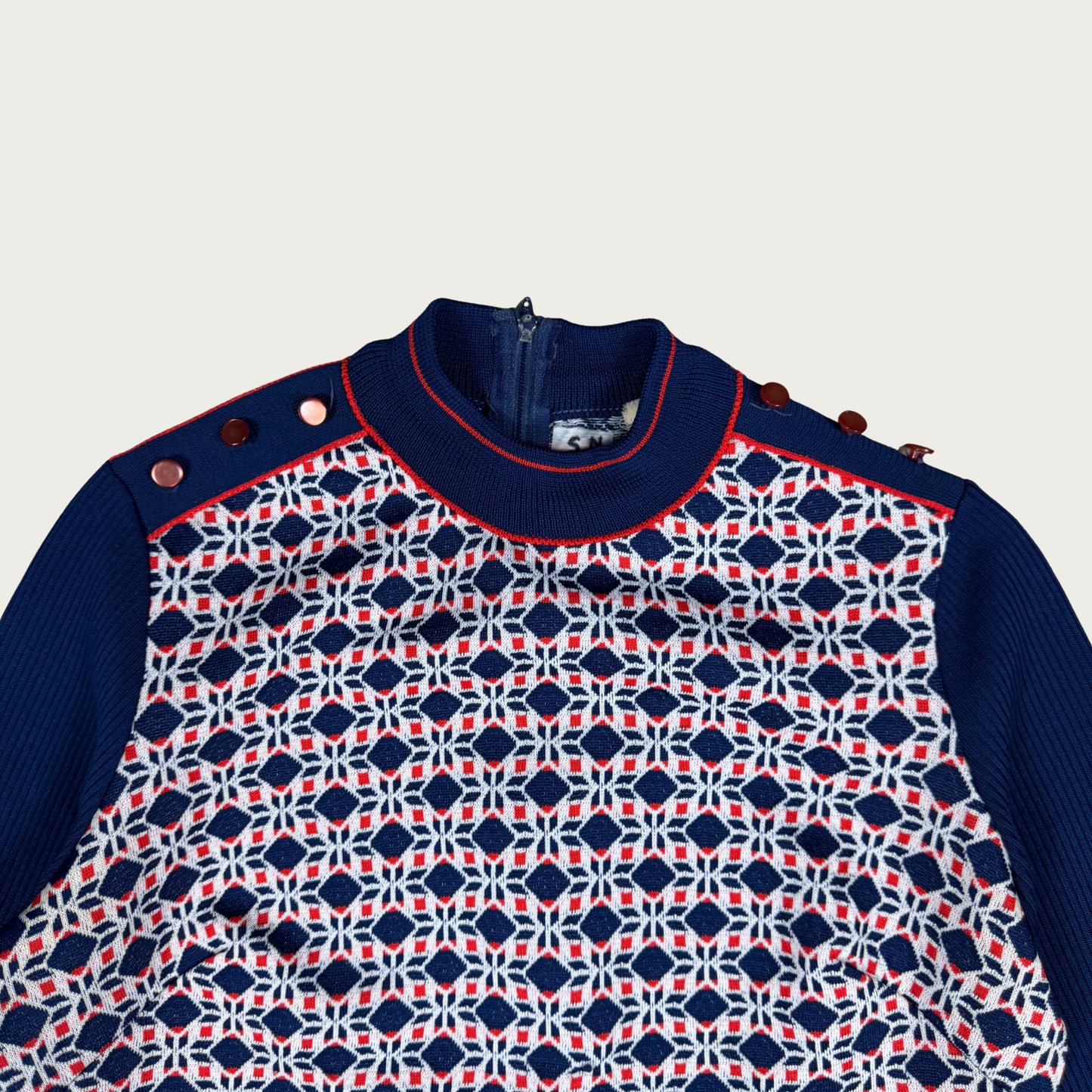 (M) 60s/70s Navy/Red Geometric Print Long Sleeve Top