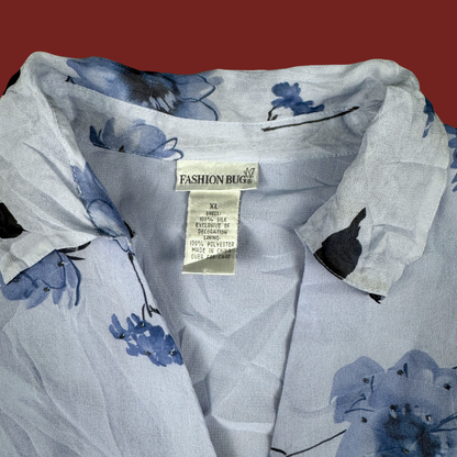 (L/XL) 90s/Y2K Beaded Blue Floral Silk Blouse