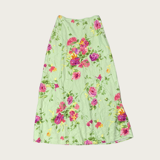 (S) Light Green Floral Linen Blend Maxi Skirt