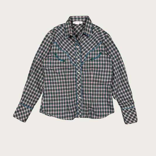 (M) Green Plaid Pearl Snap Western Shirt