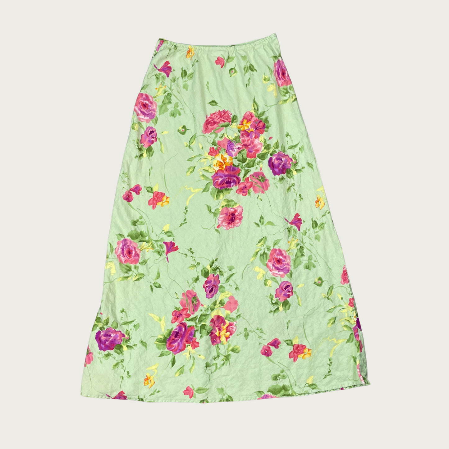 (S) Light Green Floral Linen Blend Maxi Skirt