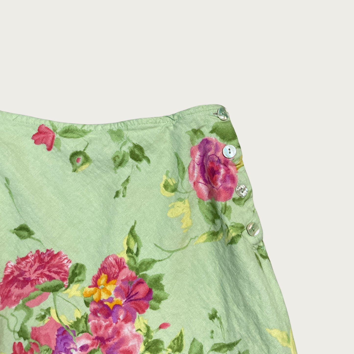 (S) Light Green Floral Linen Blend Maxi Skirt
