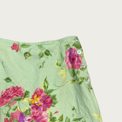 (S) Light Green Floral Linen Blend Maxi Skirt