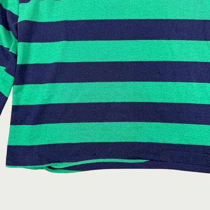 (S) 70s/80s Navy/Green Striped Long Sleeve Polo Shirt