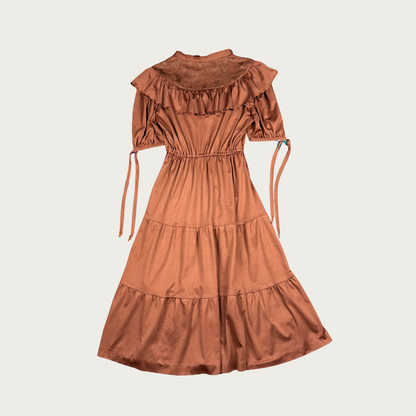 (M) 70s Brown Ruffle Midi Dress