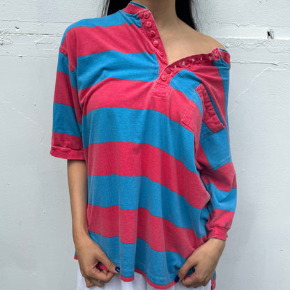 (L/XL) Red and Blue Striped Henley Tee