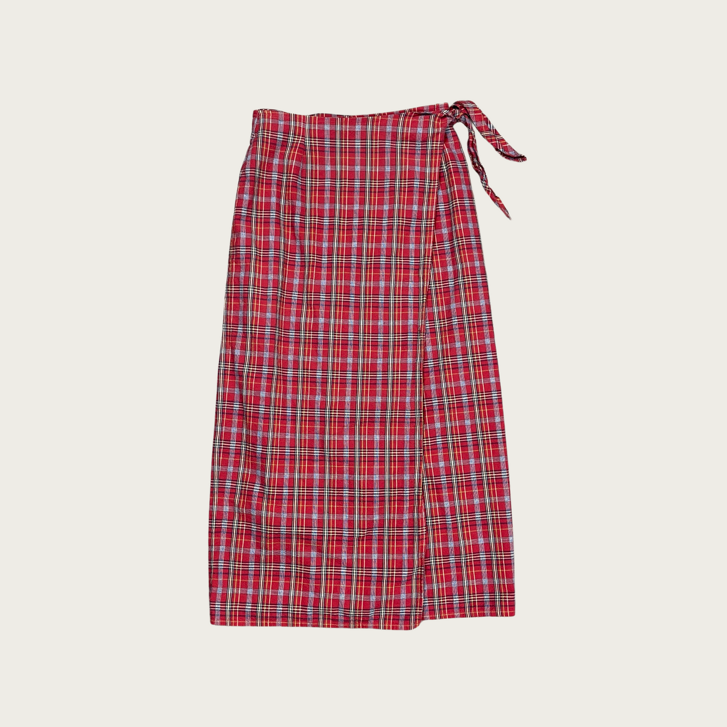 (27") Red Plaid Cotton Wrap Midi Skirt