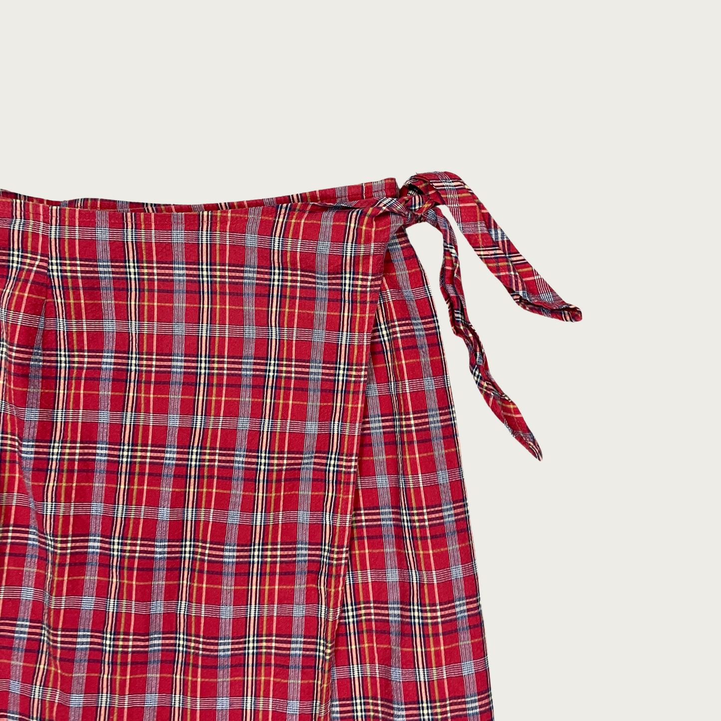 (27") Red Plaid Cotton Wrap Midi Skirt