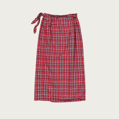 (27") Red Plaid Cotton Wrap Midi Skirt